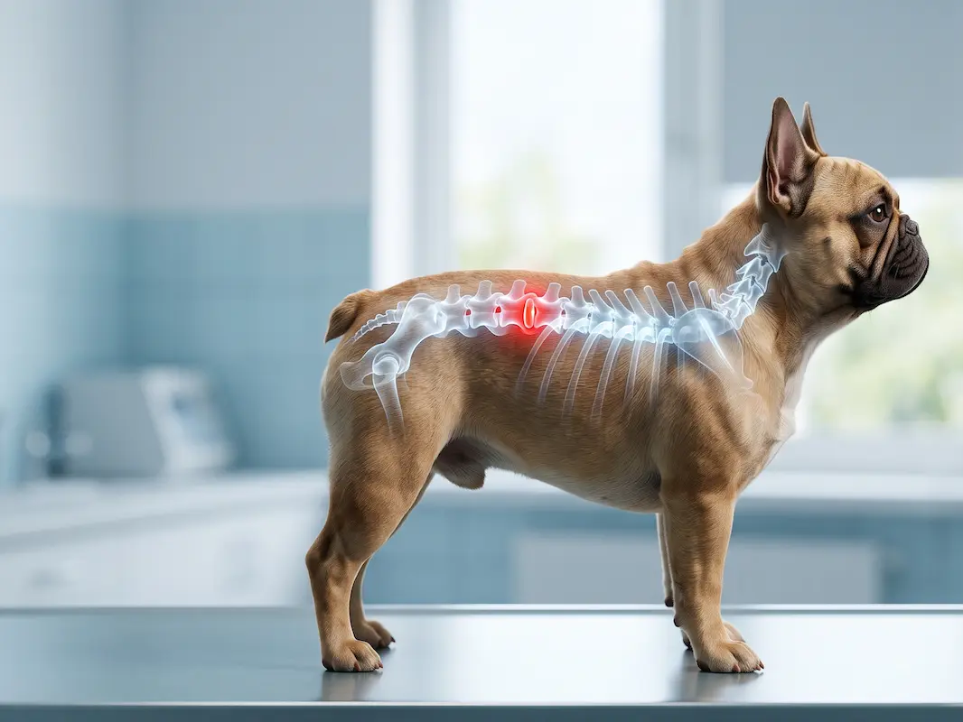 Anatomical illustration of IVDD spinal disc disease in a French Bulldog on veterinary table
