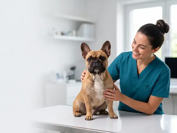 Veterinarian examining a healthy French Bulldog during a checkup