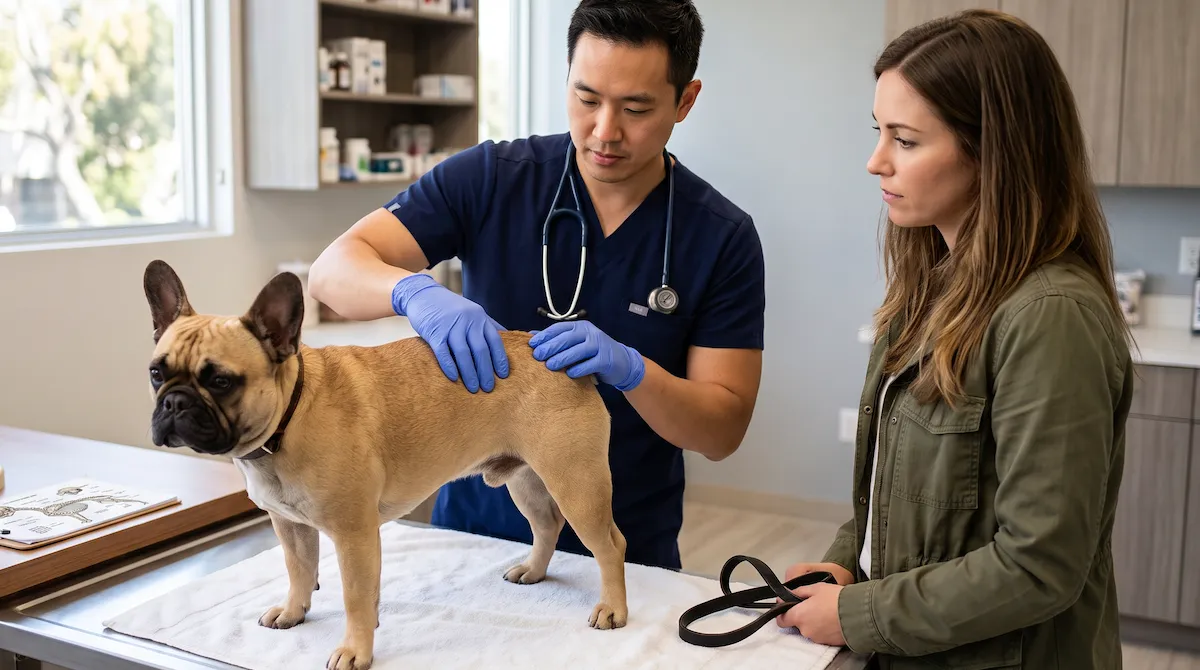 Veterinarian performing a spinal examination on a French Bulldog in clinic
