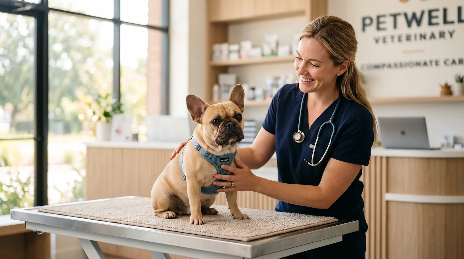Veterinarian examining a healthy fawn French Bulldog on an examination table