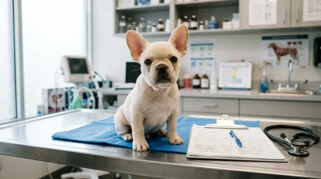 Young French Bulldog puppy sitting next to a clean veterinary medical clipboard and stethoscope on an examination table