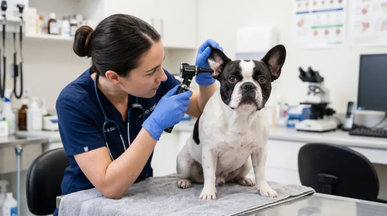 Veterinarian using an otoscope to examine the ear canal of a pied French Bulldog