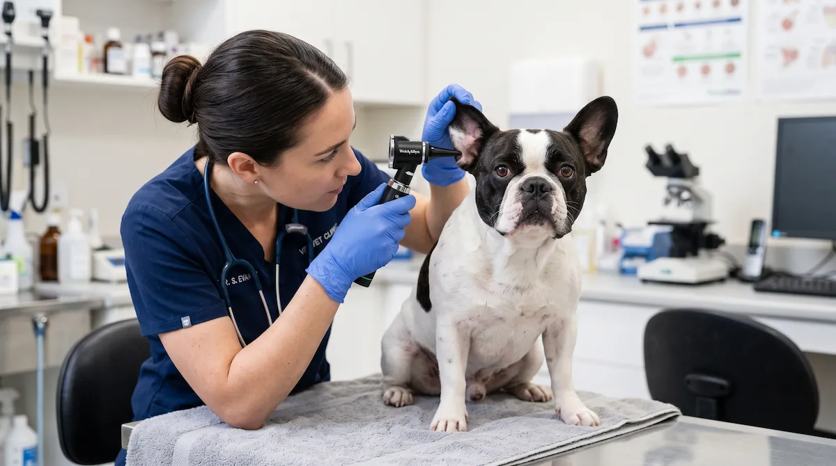 Veterinarian using an otoscope to examine the ear canal of a pied French Bulldog