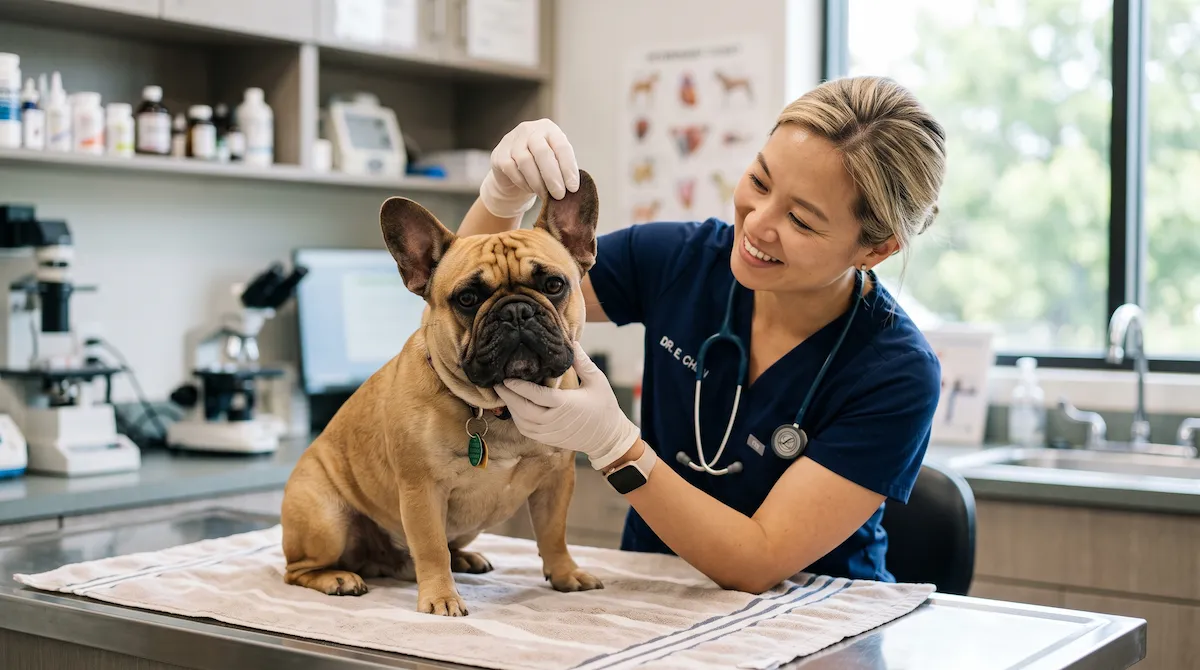 Veterinarian checking a French Bulldog skin fold for allergies and dermatitis