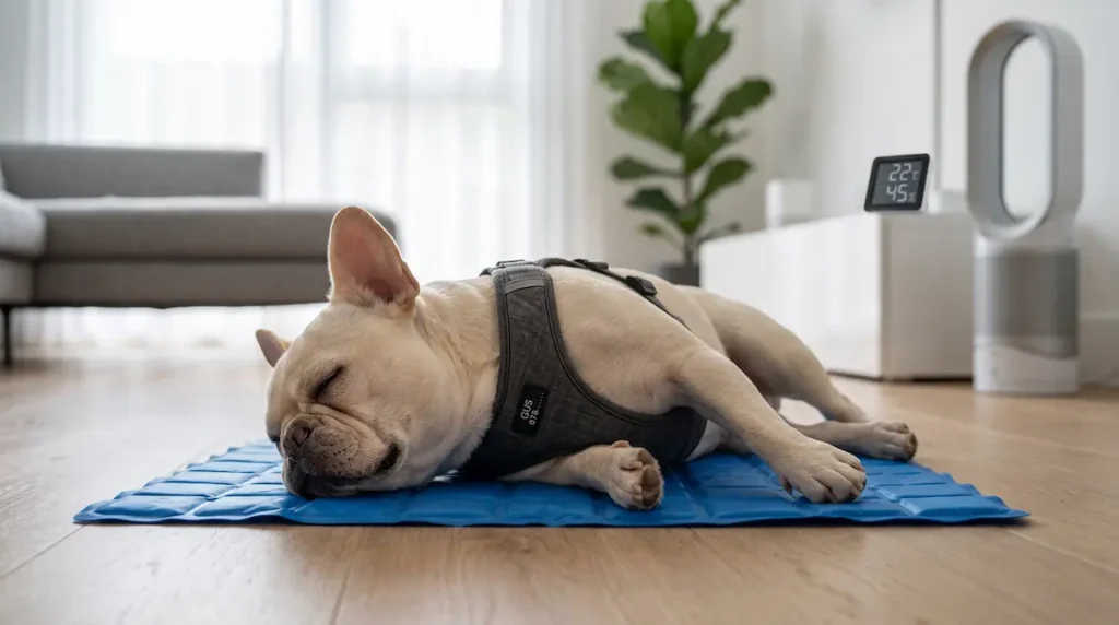 French Bulldog resting calmly indoors on a cooling mat with climate control during BOAS non-surgical management