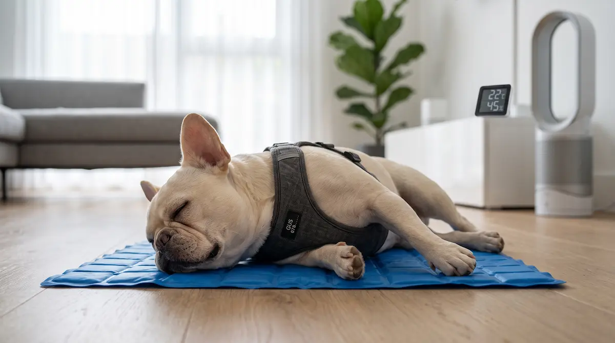 French Bulldog resting calmly indoors on a cooling mat with climate control during BOAS non-surgical management