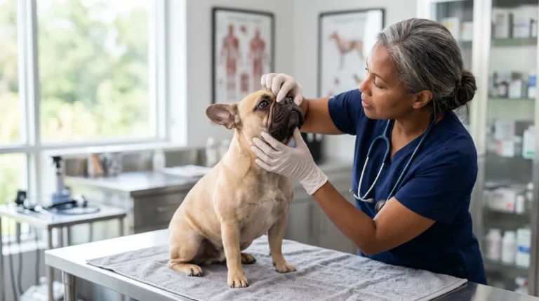 Veterinarian examining a French Bulldog airway and stenotic nares in a modern clinic