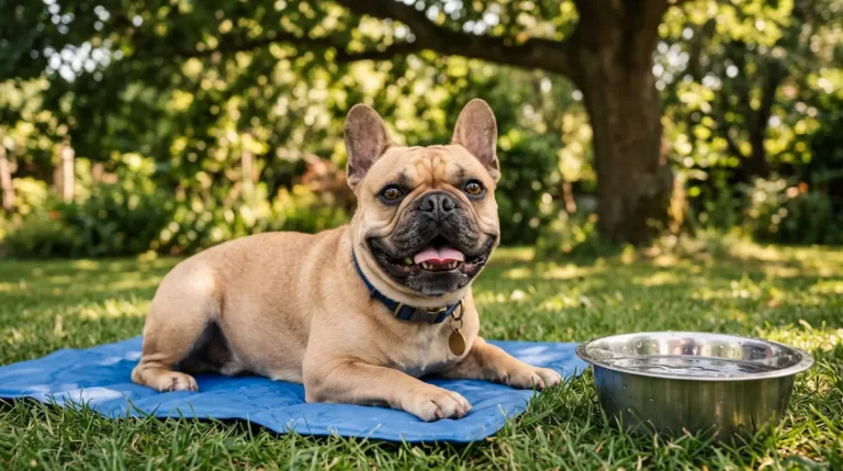 French Bulldog panting gently while resting in a shaded park during warm weather