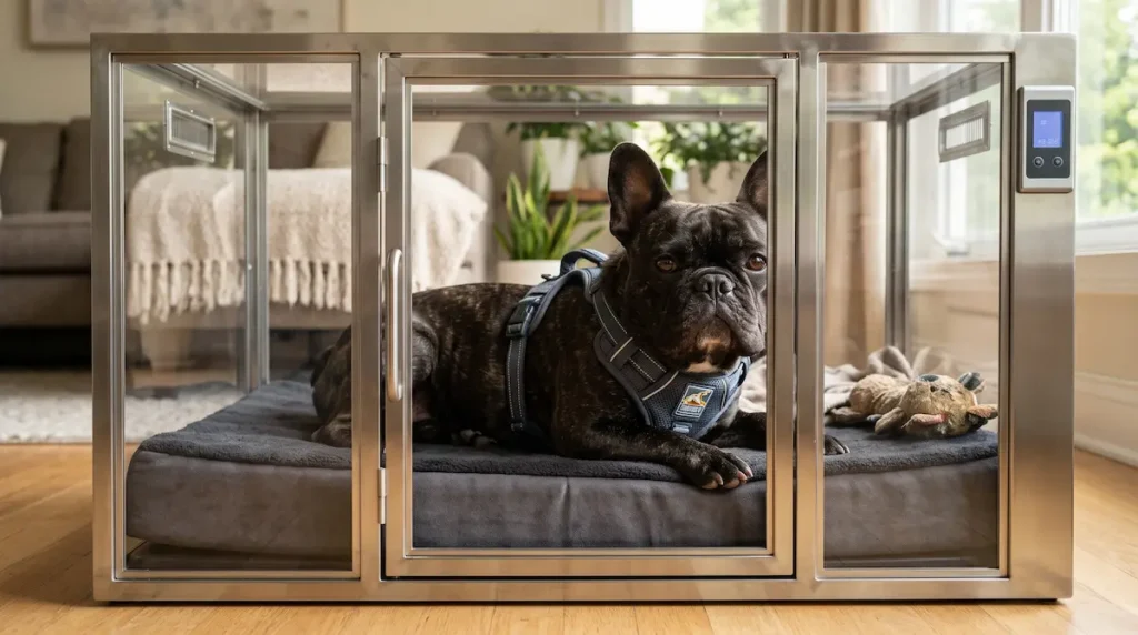 French Bulldog resting calmly inside an orthopedic recovery crate during conservative IVDD management