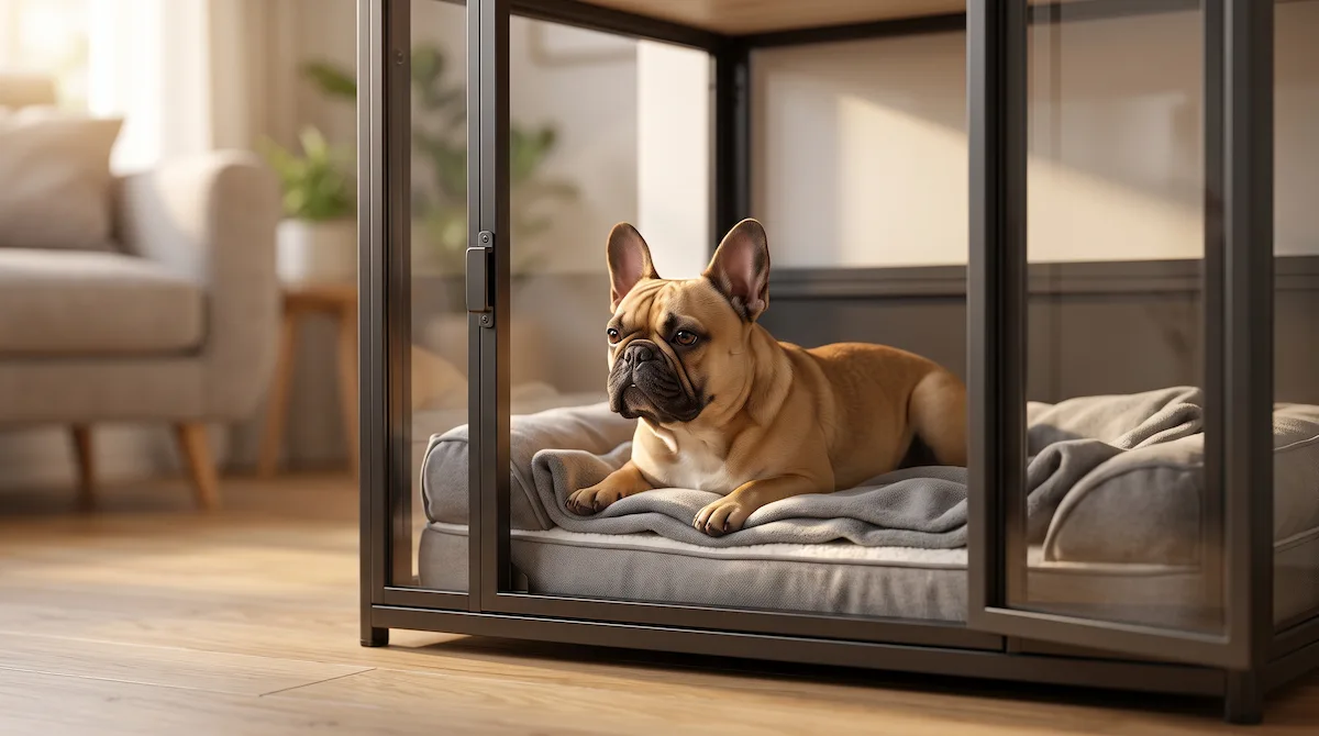 French Bulldog resting comfortably inside a recovery crate during IVDD conservative treatment