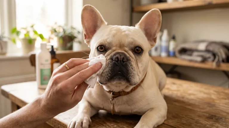 Close-up of cleaning facial skin folds on a French Bulldog with an antiseptic wipe